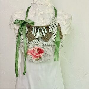 Shabby Chic Lace Rose Mother of Pearl Bib Necklace Green Ribbon Magnolia